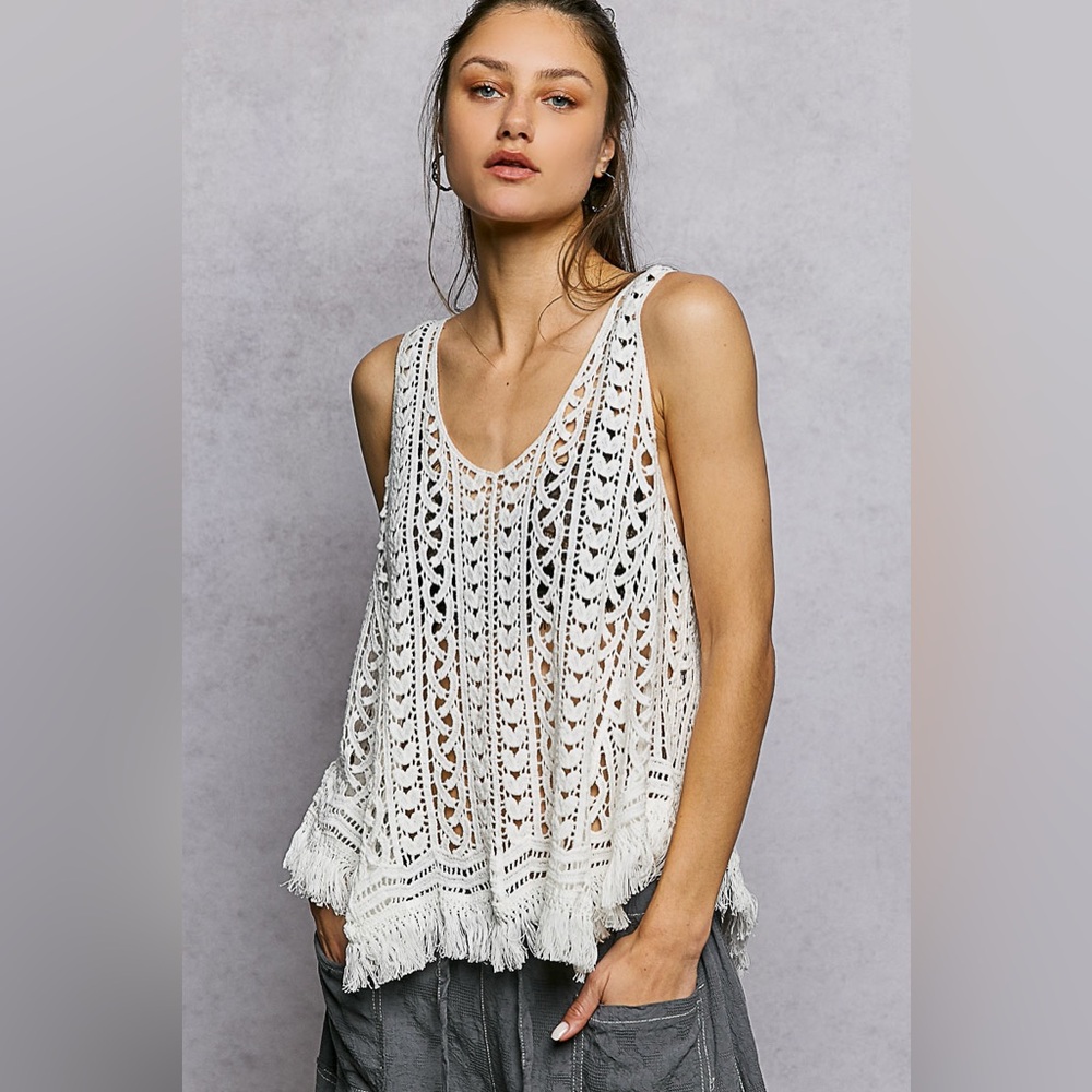 POL White Crochet Sleeveless Top